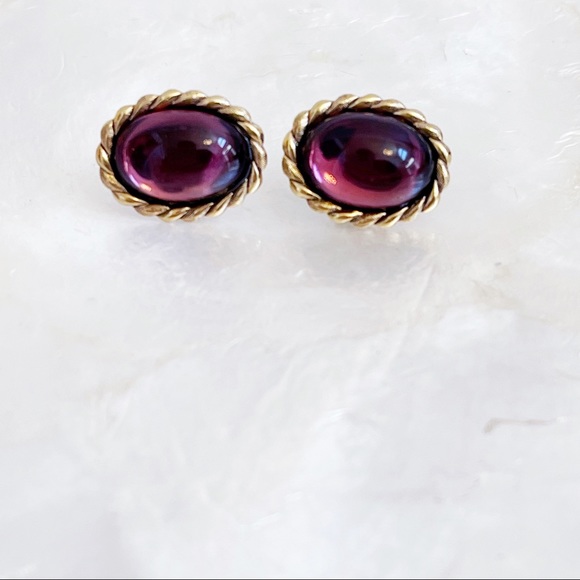 Gold Tone Twist Oval Faux Purple Cabochon Earrings - Picture 2 of 7